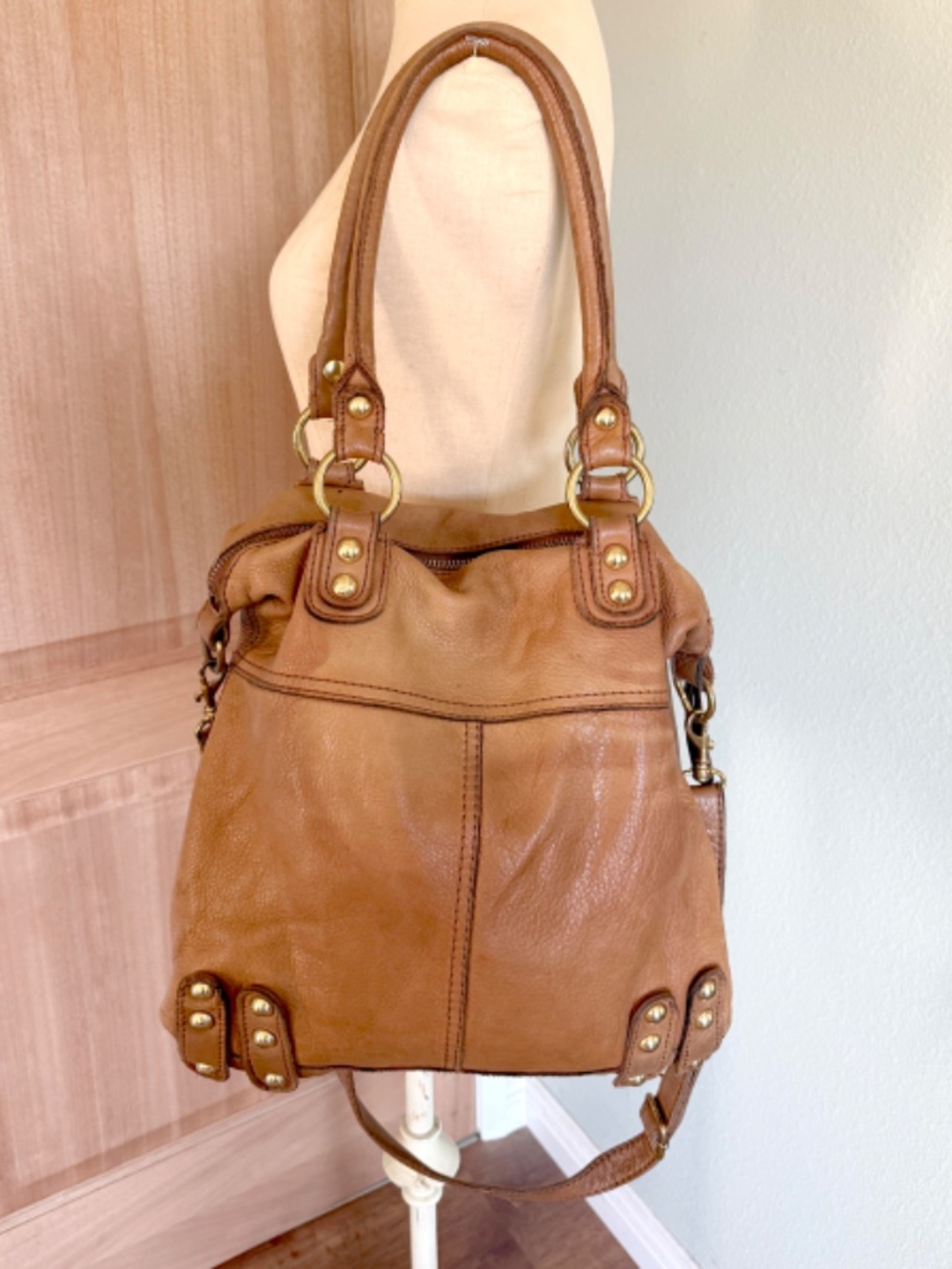 Brown Camel Genuine Leather Lined Pelle Tote Shoulder Bag Purse Large - Picture 3 of 11